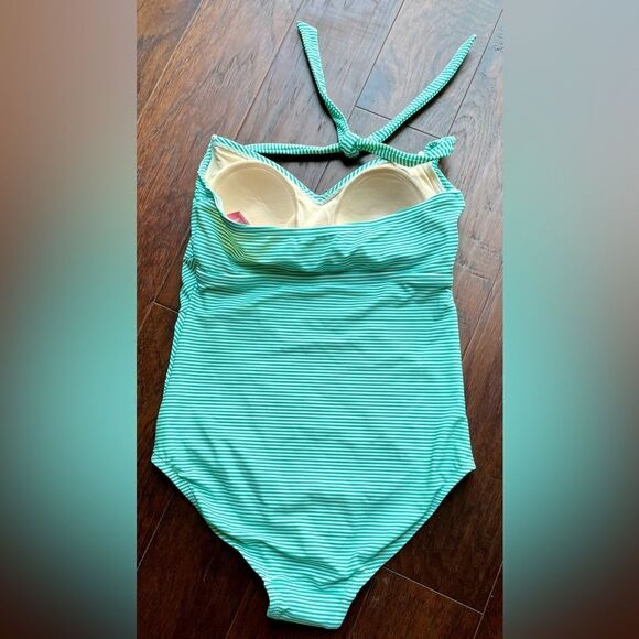Merona One Piece Green Striped Full Coverage Padded Minimalist Swimsuit M- NWT - Picture 2 of 8